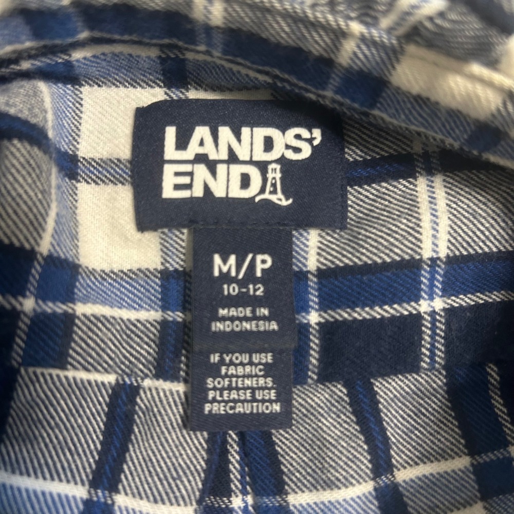 Lands End Womens Blue White Plaid Ruffle Collar Flannel Shirt Petite Medium - Picture 4 of 9
